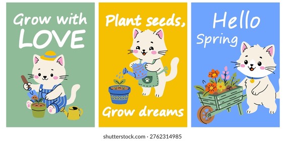 Adorable Cat Garden Quote Set Grow Love Plant Seeds Hello Spring