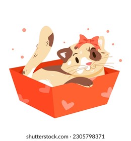 Adorable cat in gift box vector illustration. Cartoon isolated kawaii fluffy kitten with cute eyes and ribbon bow on head, paws and tail, small happy animal lying in box for present and congratulation