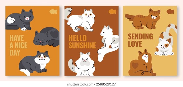 Adorable cat greeting card template in warm orange, yellow, and brown tones. Perfect for spreading joy to cat lovers. Features black, white, orange, and calico cats with cheerful messages. 