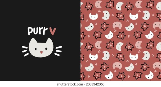 Adorable Katzenkopf, Purr-Klangzeichen und Kätzchen-Pfoten und Gesichtsnahtloses Gesichtsmuster. Vektorgrafik-Set in Schwarz- und Terrakotta-Farben für den Modedruck.