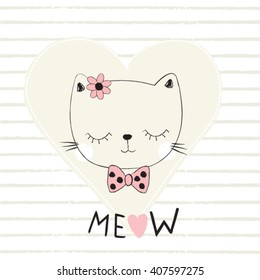 adorable cat with heart on striped background, love card with cat, T-shirt design for kids vector illustration