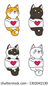 Adorable Cat Hold letter For Valentine's day in flat and kawaii Style Set