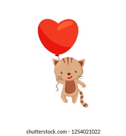 Adorable cat holding bright red balloon in shape of heart. Cute domestic animal. Flat vector element for greeting card