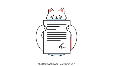 Adorable cat holding a signed document with a whimsical illustration style