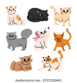 Adorable Cat Illustration Collection. A set of eight cat illustrations in various playful and relaxed poses. Perfect for pet and animal designs