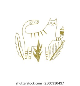 Adorable cat illustration holding a coffee cup surrounded by leaves. Perfect for prints, stickers, and home decor