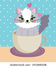 adorable cat inside coffee cup cartoon vector illustration