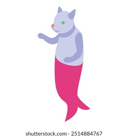 Adorable cat mermaid character with a pink tail, waving its paw in greeting