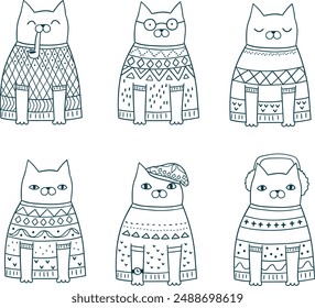 Adorable cat pattern featuring cute kitties in cozy sweaters. Ideal for cat enthusiasts looking for a charming and whimsical design for various projects. Perfect for adding a touch of cuteness.