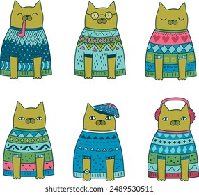 Adorable cat pattern featuring cute kitties in cozy sweaters. Ideal for cat enthusiasts looking for a charming and whimsical design for various projects. Perfect for adding a touch of cuteness.