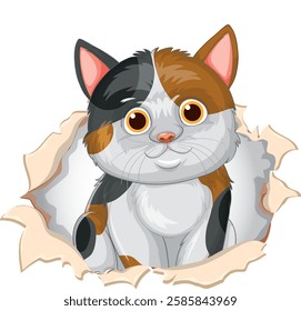 Adorable cat peeking through torn paper hole