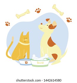 Adorable Cat and Puppy Flat Vector Illustration. Happy Furry Kitten and Spotted Puppy Cartoon Characters. Cute Domestic Animals Surrounded with Bone and Paw Symbols. Canine and Feline Food