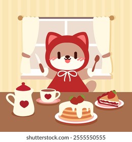 Adorable cat in red cape enjoying pancakes and dessert. Kawaii cat having breakfast with pancakes and strawberry cake.