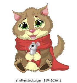 Adorable cat with a red scarf sitting and holding a white mouse. Cat and mouse. Cartoon vector illustration.