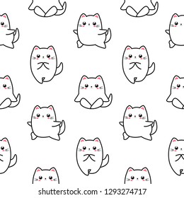 Adorable cat seamless patter, kitten character. Kawaii animals illustration. Cute cat practicing yoga.