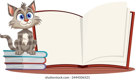 Adorable cat sitting on books by an open book