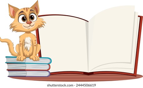 Adorable cat sitting on books by an open book
