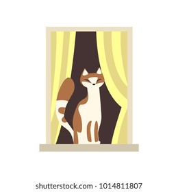 Adorable cat sitting on windowsill. Stripped curtains on window. Cartoon domestic animal character. Exterior detail element. View from the street. Flat vector design