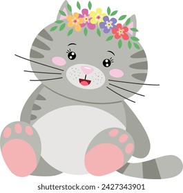 Adorable cat sitting with wreath floral on head
