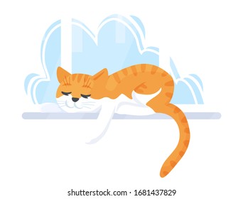 Adorable cat sleeping on the windowsill. Purebred orange tabby pet, lazy animal character. Isolated concept vector illustration in cartoon flat style.