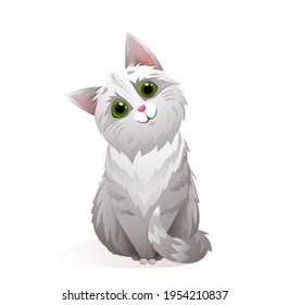 Adorable Cat Smiling Looking With Big Begging Eyes, Funny And Fluffy Kitten Mascot. Cute Cat Vector Illustration Cartoon.