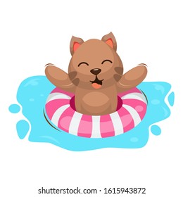 ADORABLE CAT SWIMMING WITH RING CARTOON VECTOR