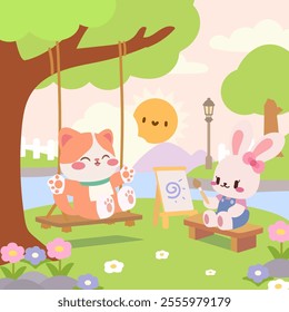 Adorable cat swinging and bunny painting in a sunny park scene. Bunny artist and swinging cat under a tree.