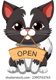 Adorable cat using its mouth to hold a wooden banner