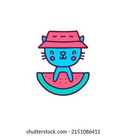 Adorable cat wearing bucket hat with watermelon, illustration for t-shirt, sticker, or apparel merchandise. With doodle, retro, and cartoon style.