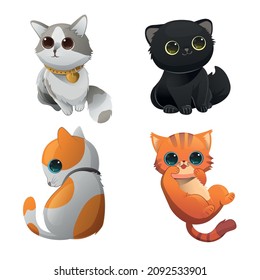 Adorable cats characters. Cute cat, funny kitten. Animal meow, cartoon fluffy pets exact vector collection
