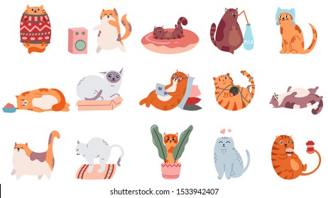 Adorable cats. Cute dancing cat, funny angry kitty and love cat vector illustration set. Domestic animal drinking coffee and playing. Comic fat pet in sweater, doing yoga and lying stickers