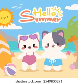 Adorable cats enjoying a fun summer beach day. A cheerful and colorful “Hello Summer” illustration featuring two adorable cartoon cats enjoying a day at the beach.