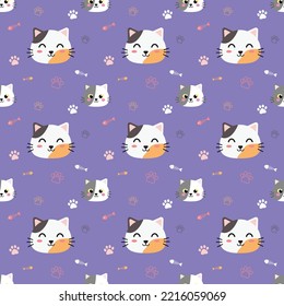 Adorable Cats, Fish Bone And Paw On Purple Background, Cute Pattern,  Smiling Face Cat Pattern