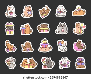 Adorable cats gift set featuring cute pet with different emotions and poses, celebrating birthdays and holidays with presents, balloons, and cheerful expressions in a kawaii cartoon style
