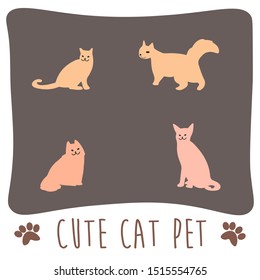 Adorable cats lie down on yarn and pet dresses, flat style designs.