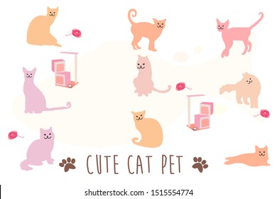 Adorable cats lie down on yarn and pet dresses, flat style designs.