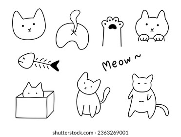 Adorable Cats Outline Doodle, Little Paws, Kittens Meow Drawing Kid Style 