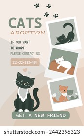 Adorable cats, pets adoption. Adopt don't shop. Card template calling for animal adoption from shelter. Help homeless cat concept. Vertical banner. Get new friend. Alone pet waiting new owner. vector