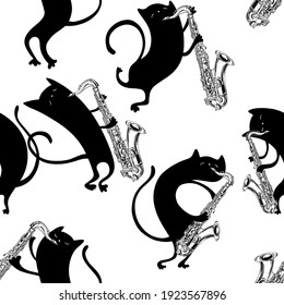 Adorable  cats play the saxophone. Seamless pattern on white. Vector. Cartoon black and white background. Perfect for design templates, wallpaper, wrapping, fabric and textile. 