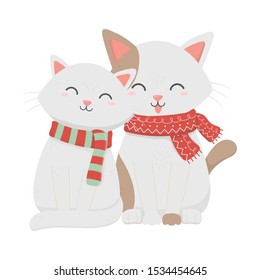 adorable cats with scarf celebration merry christmas vector illustration