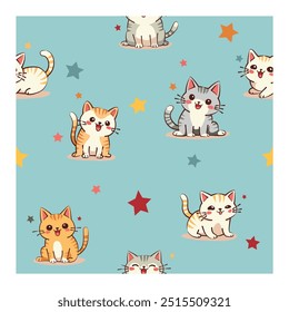 Adorable cats seamless background. Various cat characters in design.
Vector is done with precision, editable,  and also the design is adjusted to print standards.
Thank you for stopping by.