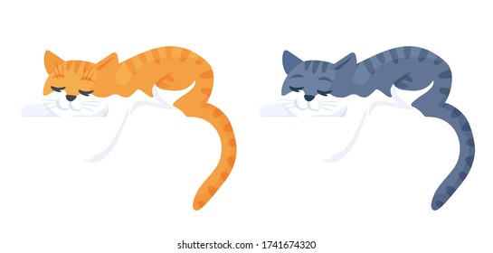 Adorable cats sleeping lying down. Purebred orange and gray tabby pet, lazy animal characters. Isolated vector illustration in cartoon flat style.