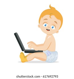 An adorable caucasian baby with a laptop computer. Little kid using gadgets, playing computer games or learning. Vector illustration. Cartoon character. 