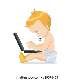 Adorable caucasian baby with a laptop computer. Little kid using gadgets, playing computer games or learning. Vector illustration. Cartoon character. 