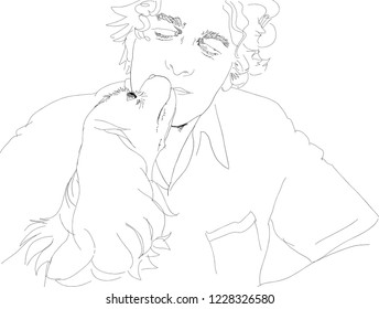 An adorable Cavalier King Charles Spaniel gives a kiss to her owner, a mature man who is smiling. Hand drawn vector illustration.