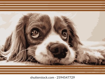 Adorable cavalier king charles spaniel puppy resting its head with a peaceful expression in a sepia toned image with brown stripes