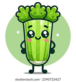 Adorable celery cartoon character with a cheerful face in trendy flat style isolated on white background. Healthy concept. Perfect for food related designs, stickers or branding