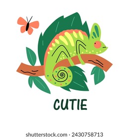Adorable chameleon with a butterfly companion, set against a lush backdrop. A 'cutie' vector illustration for playful and warm designs.