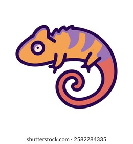 Adorable chameleon with curled tail in orange and purple