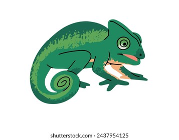 Adorable chameleon. Cute lizard with green camouflage skin. Funny reptile with curled tail. Reptilian animal. Rainforest fauna, jungle inhabitant. Flat isolated vector illustration on white background